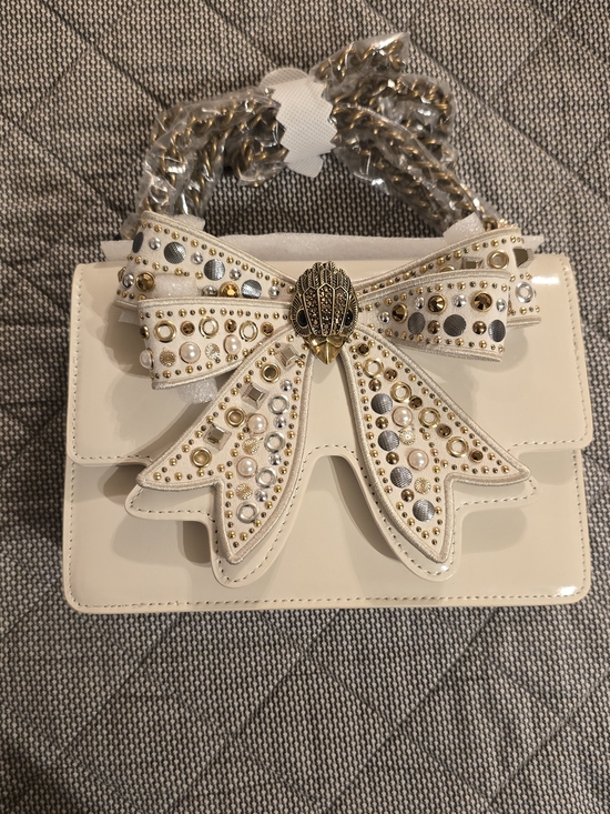 Kurt Geiger Handbags - Kurt Geiger Cream Patent Small Bow Shoulder Bag with Gold Studs
